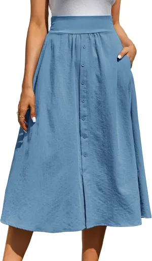 Kate Kasin Women's High Waist Midi Skirt Vintage Elastic A-Line Pleated Button Skirts with Pockets