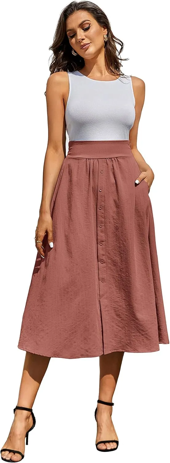 Kate Kasin Women's High Waist Midi Skirt Vintage Elastic A-Line Pleated Button Skirts with Pockets