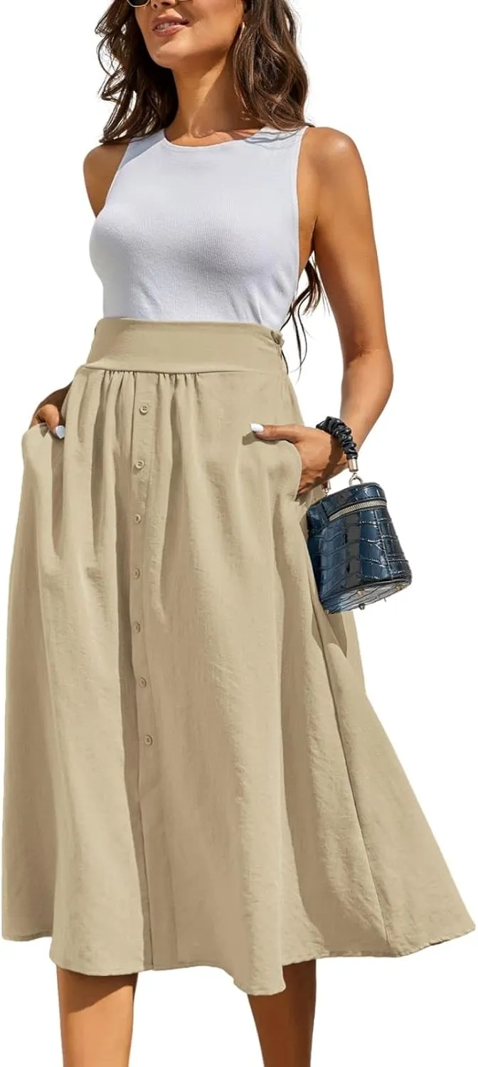 Kate Kasin Women's High Waist Midi Skirt Vintage Elastic A-Line Pleated Button Skirts with Pockets