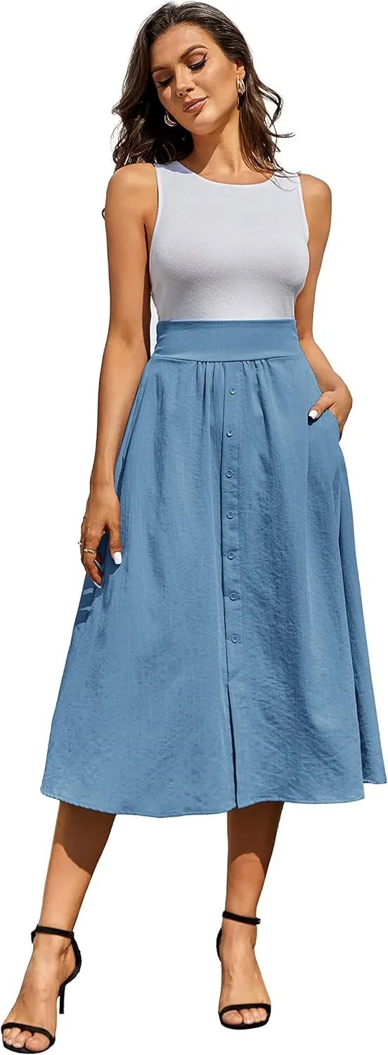 Kate Kasin Women's High Waist Midi Skirt Vintage Elastic A-Line Pleated Button Skirts with Pockets