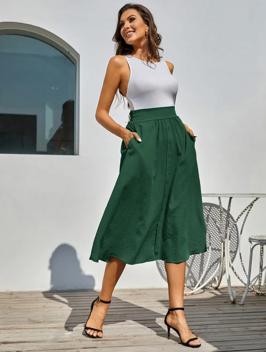 Kate Kasin Women's High Waist Midi Skirt Vintage Elastic A-Line Pleated Button Skirts with Pockets
