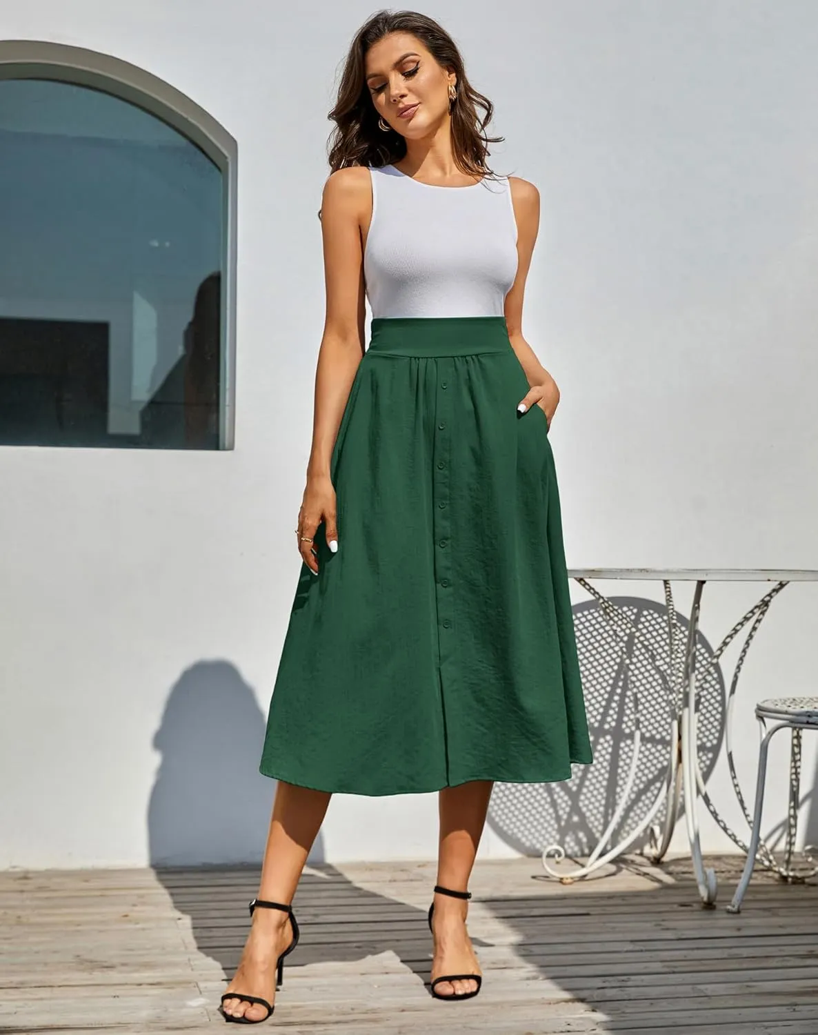 Kate Kasin Women's High Waist Midi Skirt Vintage Elastic A-Line Pleated Button Skirts with Pockets