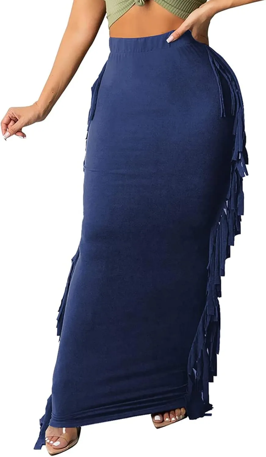 kinstell Women's Elastic High Waist Slim Bodycon Tassels Long Maxi Clubwear Night Out Pencil Skirts
