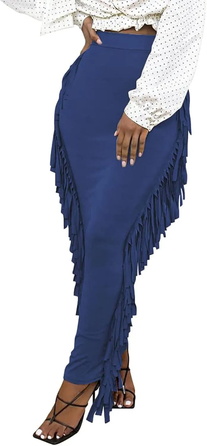 kinstell Women's Elastic High Waist Slim Bodycon Tassels Long Maxi Clubwear Night Out Pencil Skirts