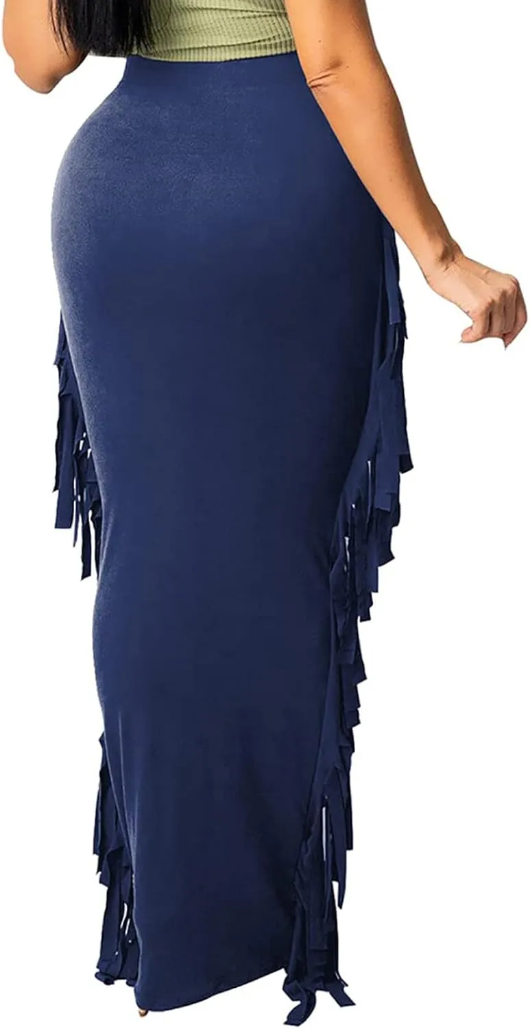 kinstell Women's Elastic High Waist Slim Bodycon Tassels Long Maxi Clubwear Night Out Pencil Skirts