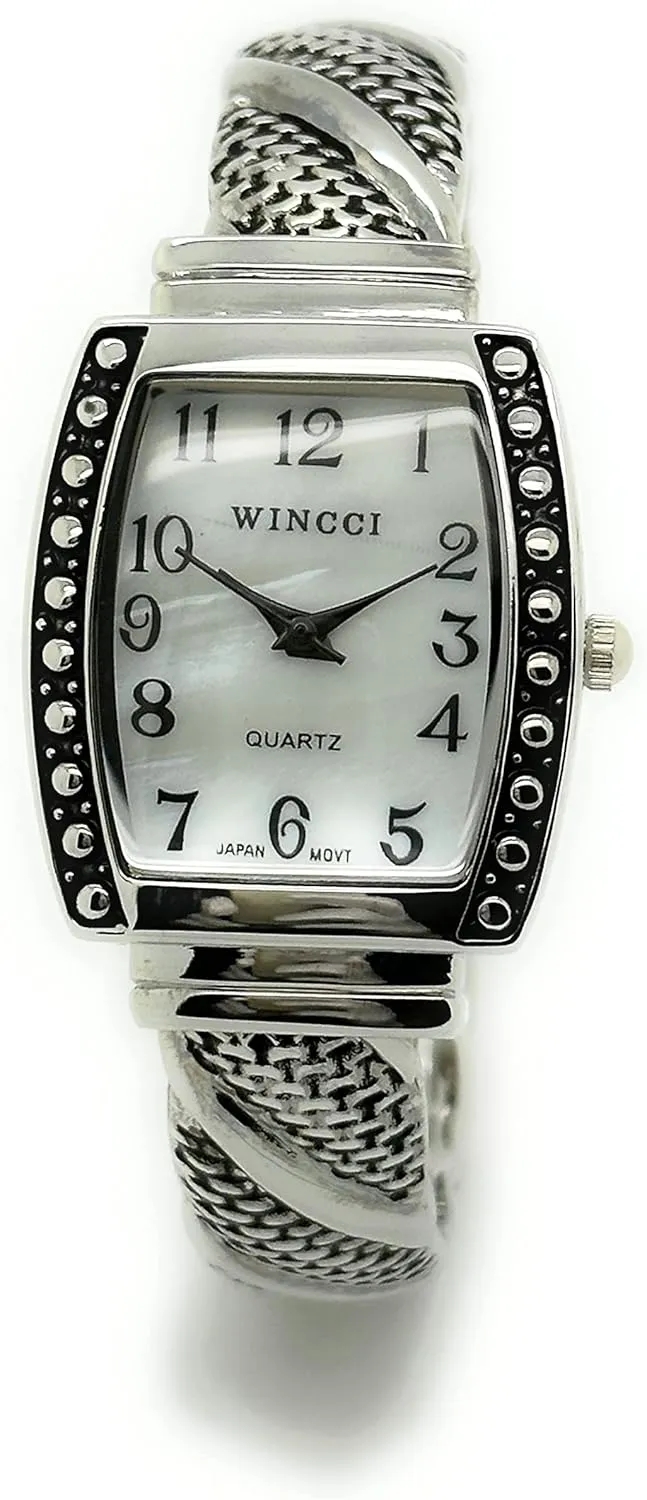 Ladies Rectangle Case with Small Studs Metal Bangle Cuff Fashion Analog Quartz Watch Mother of Pearl Dial Easy to Read Black Numbers Black Hour Minute Second Hands