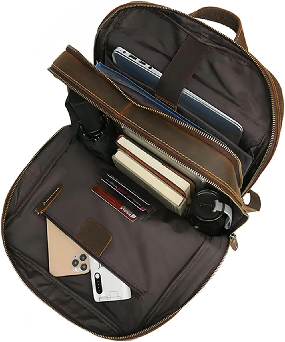 LANNSYNE Vintage Genuine Leather 16" Laptop Backpack For Men Hiking Travel Bag Camping Rucksack