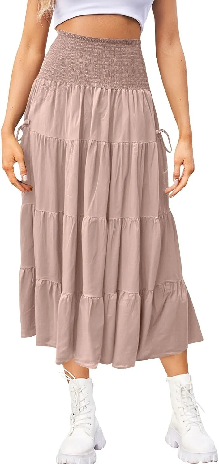 Long Maxi Skirts for Women Boho Solid High Waisted Casual A Line Skirt Pleated Beach Flowy Swing Midi Skirt