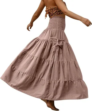 Long Maxi Skirts for Women Boho Solid High Waisted Casual A Line Skirt Pleated Beach Flowy Swing Midi Skirt