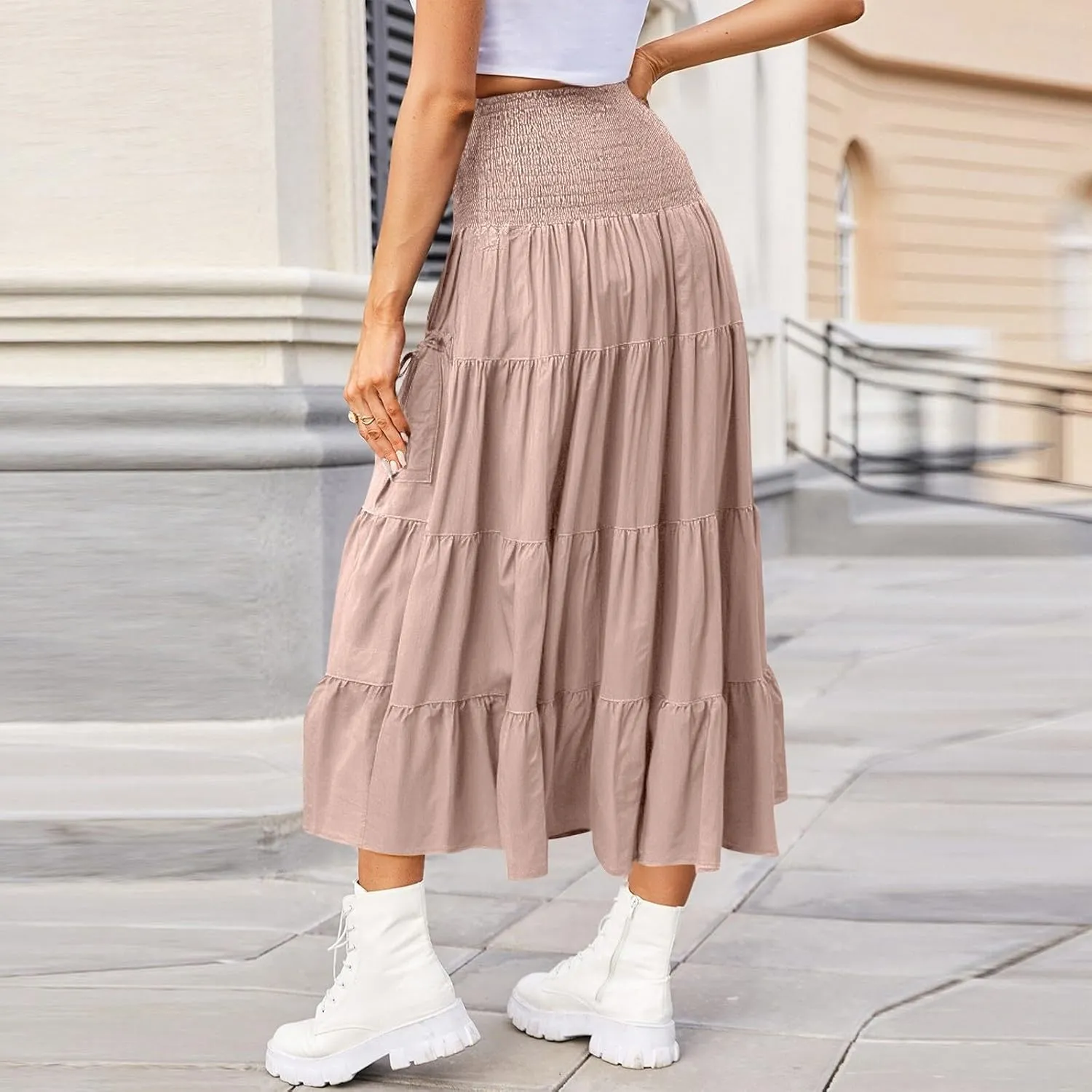Long Maxi Skirts for Women Boho Solid High Waisted Casual A Line Skirt Pleated Beach Flowy Swing Midi Skirt