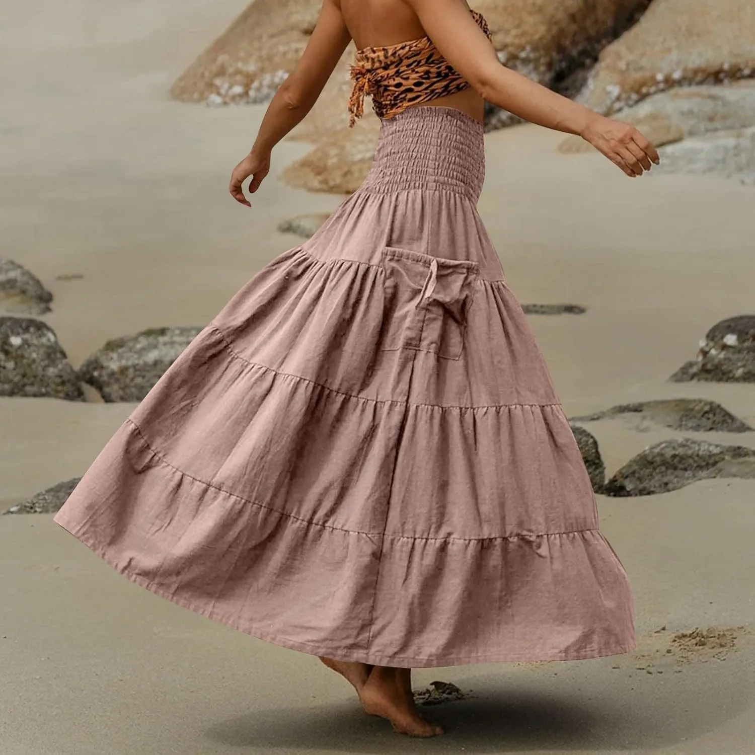 Long Maxi Skirts for Women Boho Solid High Waisted Casual A Line Skirt Pleated Beach Flowy Swing Midi Skirt