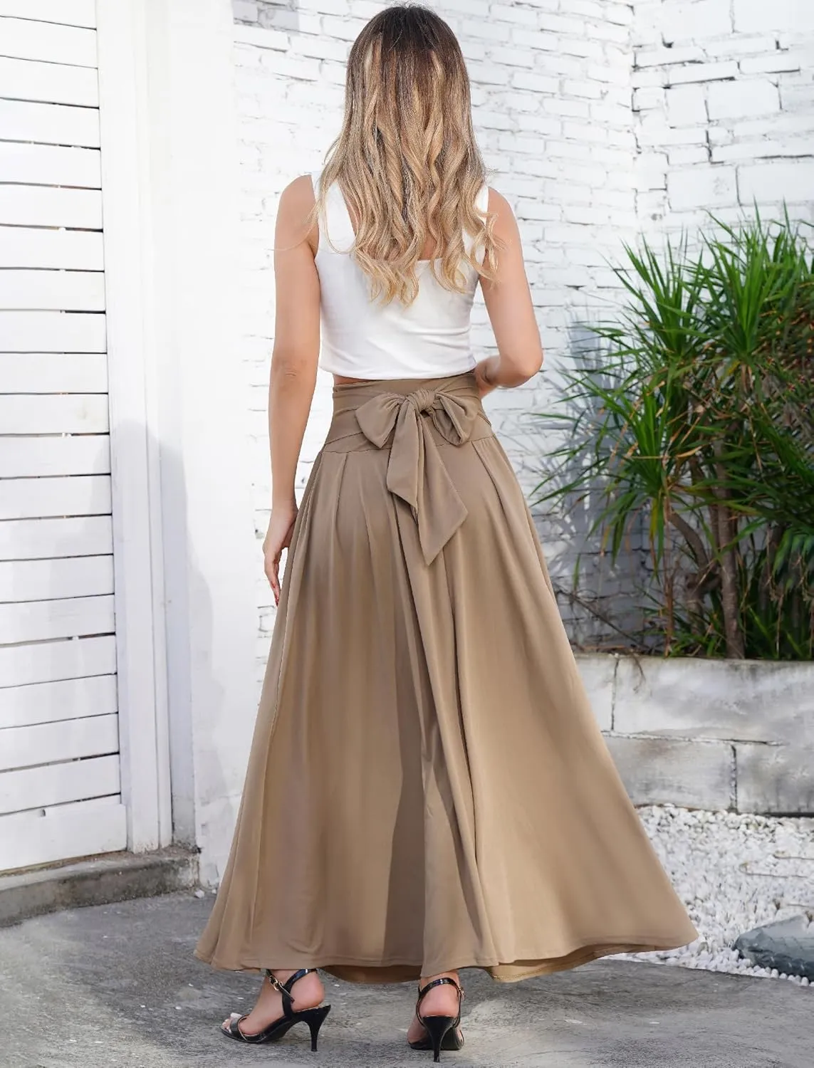 Long Maxi Skirts for Women High Waist Tie Front Flowy A-Line Casual Skirt Pleated Elegant Swing Skirt Elastic