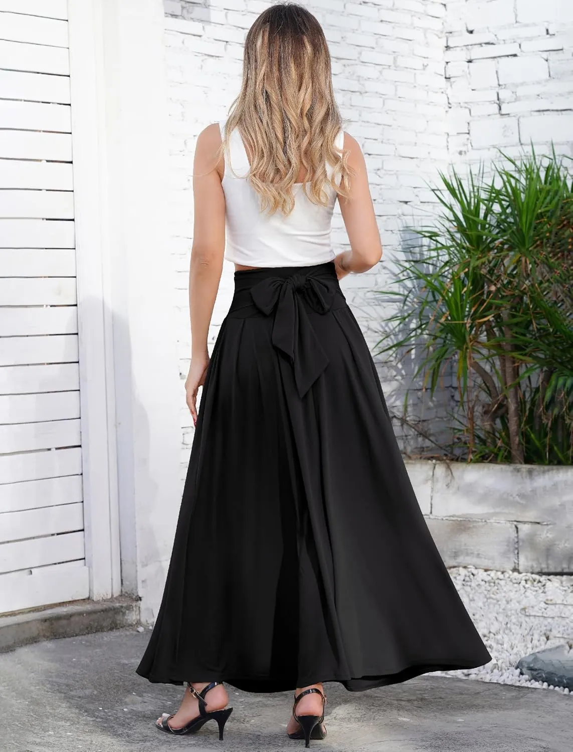Long Maxi Skirts for Women High Waist Tie Front Flowy A-Line Casual Skirt Pleated Elegant Swing Skirt Elastic