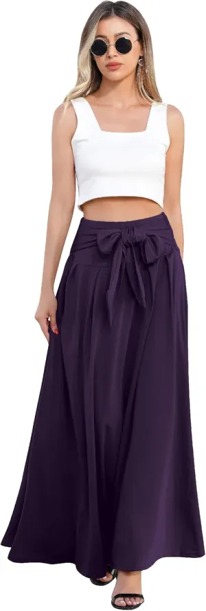 Long Maxi Skirts for Women High Waist Tie Front Flowy A-Line Casual Skirt Pleated Elegant Swing Skirt Elastic
