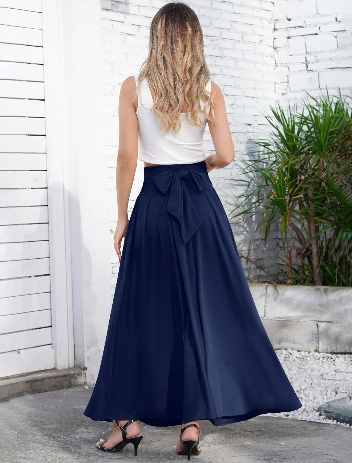 Long Maxi Skirts for Women High Waist Tie Front Flowy A-Line Casual Skirt Pleated Elegant Swing Skirt Elastic