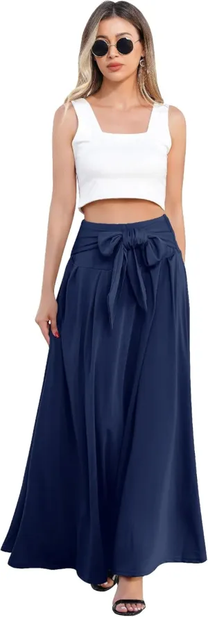 Long Maxi Skirts for Women High Waist Tie Front Flowy A-Line Casual Skirt Pleated Elegant Swing Skirt Elastic