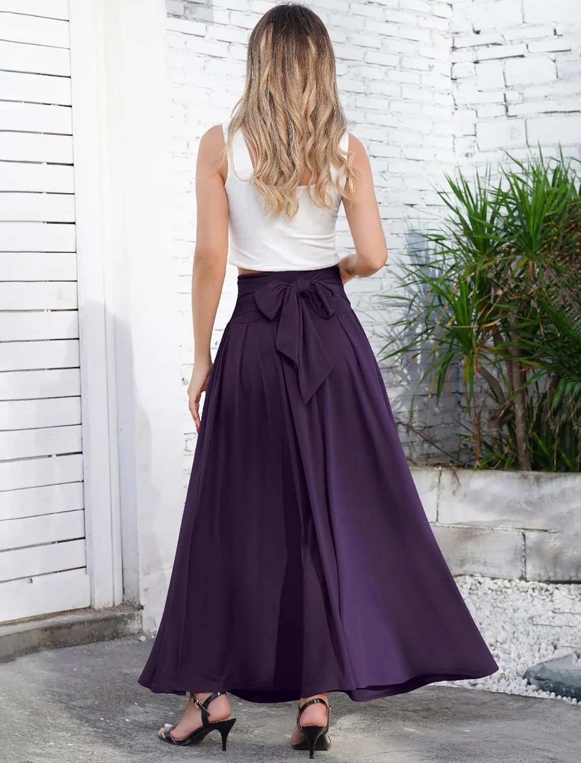 Long Maxi Skirts for Women High Waist Tie Front Flowy A-Line Casual Skirt Pleated Elegant Swing Skirt Elastic