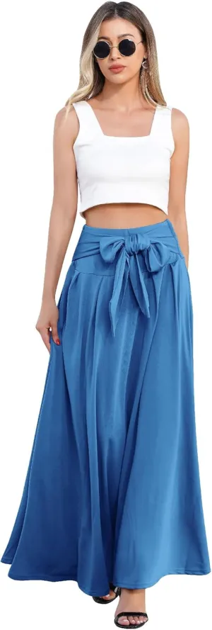 Long Maxi Skirts for Women High Waist Tie Front Flowy A-Line Casual Skirt Pleated Elegant Swing Skirt Elastic