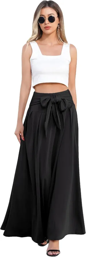 Long Maxi Skirts for Women High Waist Tie Front Flowy A-Line Casual Skirt Pleated Elegant Swing Skirt Elastic