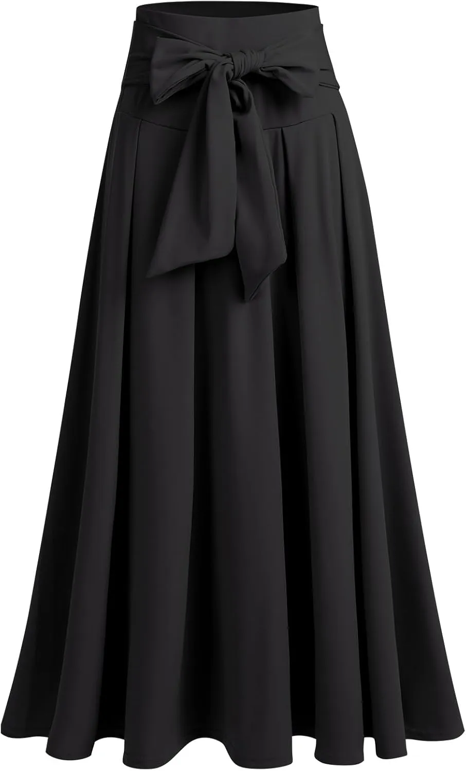 Long Maxi Skirts for Women High Waist Tie Front Flowy A-Line Casual Skirt Pleated Elegant Swing Skirt Elastic