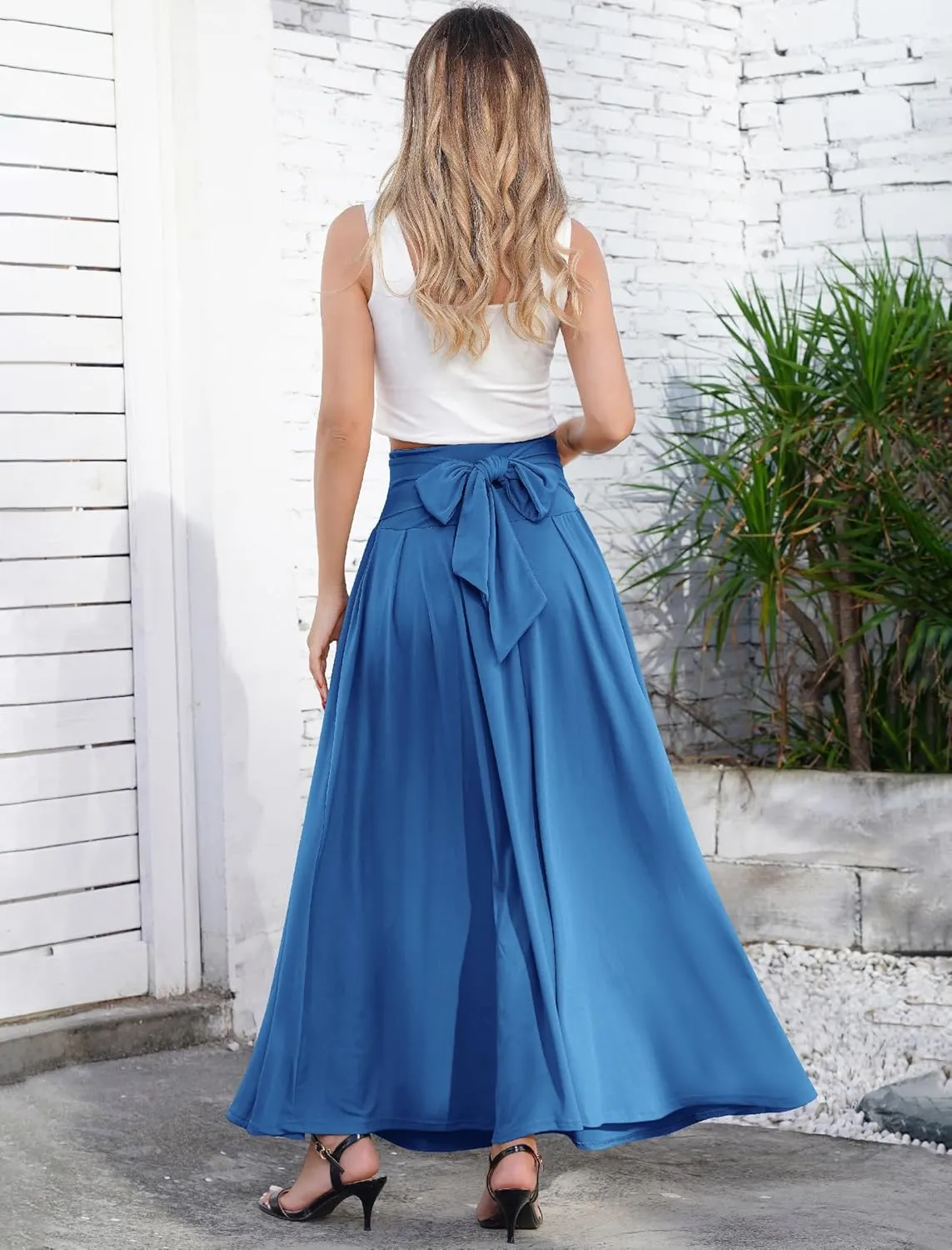 Long Maxi Skirts for Women High Waist Tie Front Flowy A-Line Casual Skirt Pleated Elegant Swing Skirt Elastic