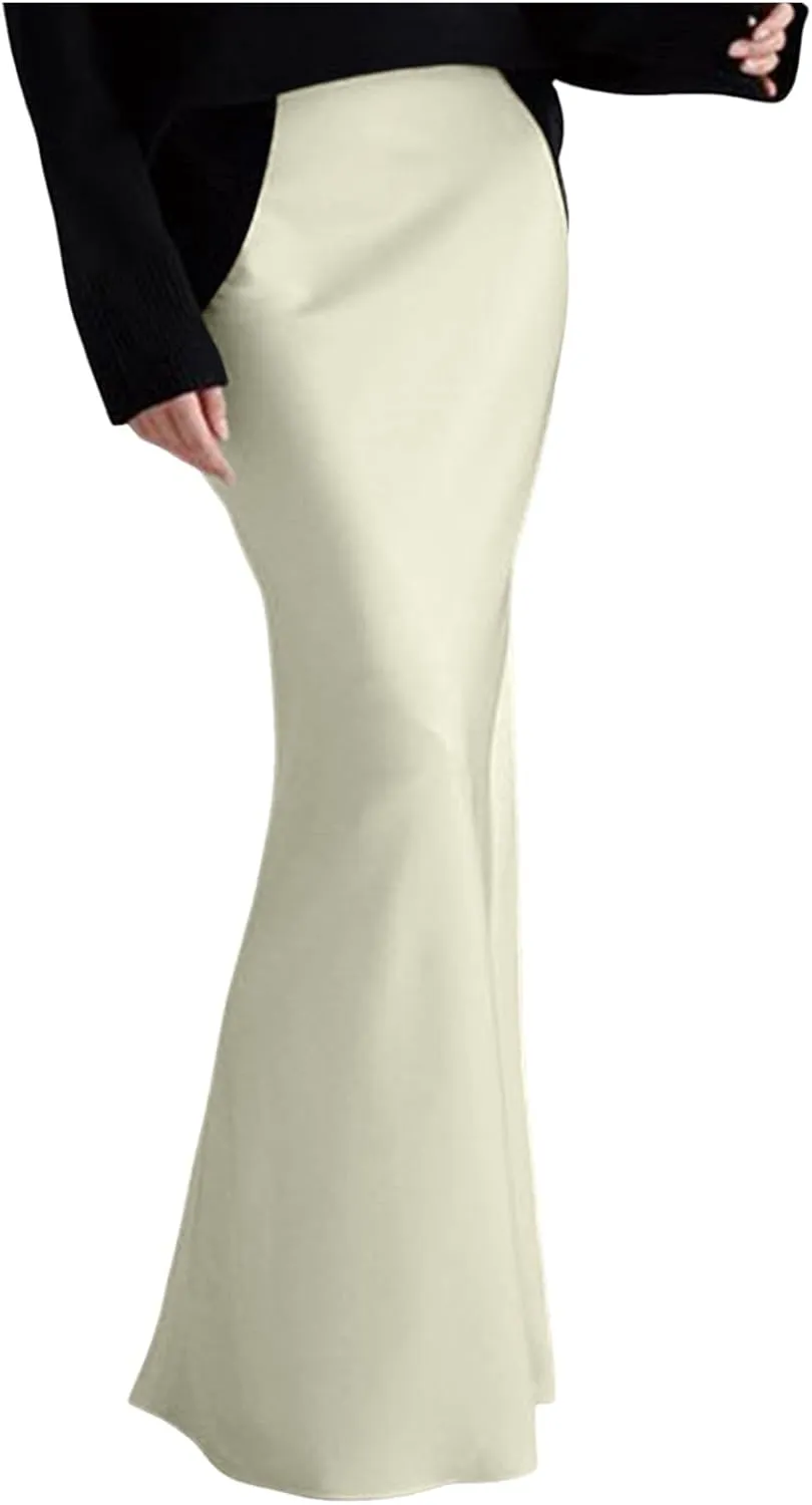 Long Pencil Skirts for Women Spring Silk Satin Maxi Skirt Strenchy Elegant Bodycon Fishtail Skirts for Cocktail Party Holiday