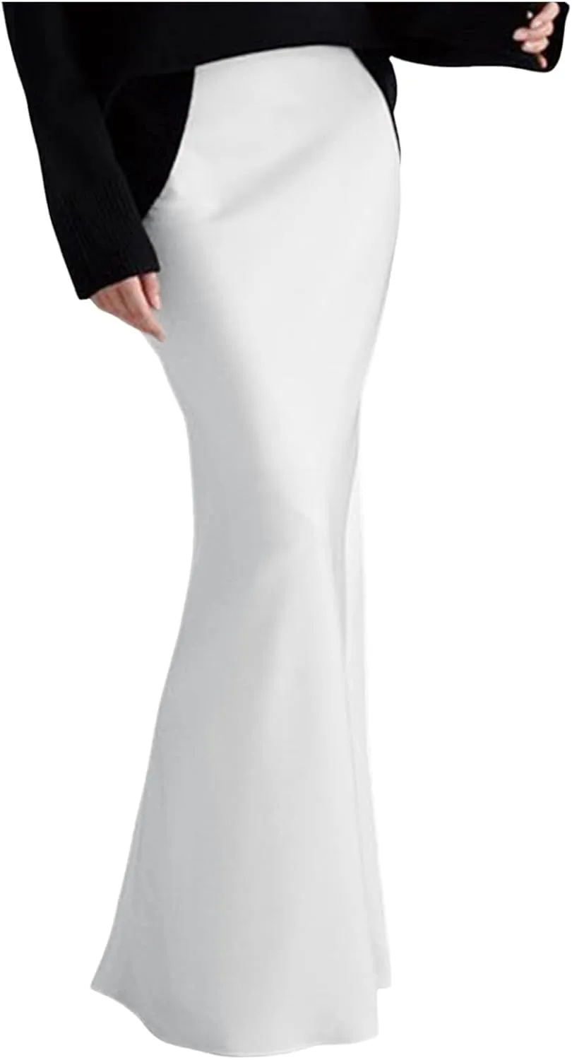 Long Pencil Skirts for Women Spring Silk Satin Maxi Skirt Strenchy Elegant Bodycon Fishtail Skirts for Cocktail Party Holiday