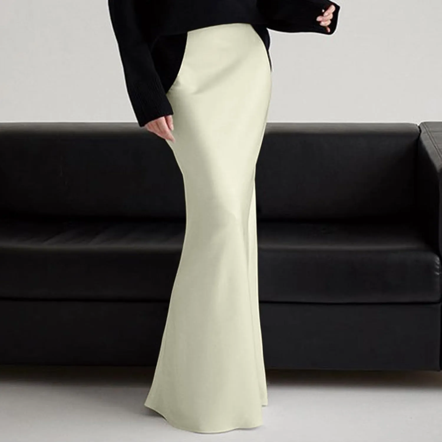 Long Pencil Skirts for Women Spring Silk Satin Maxi Skirt Strenchy Elegant Bodycon Fishtail Skirts for Cocktail Party Holiday