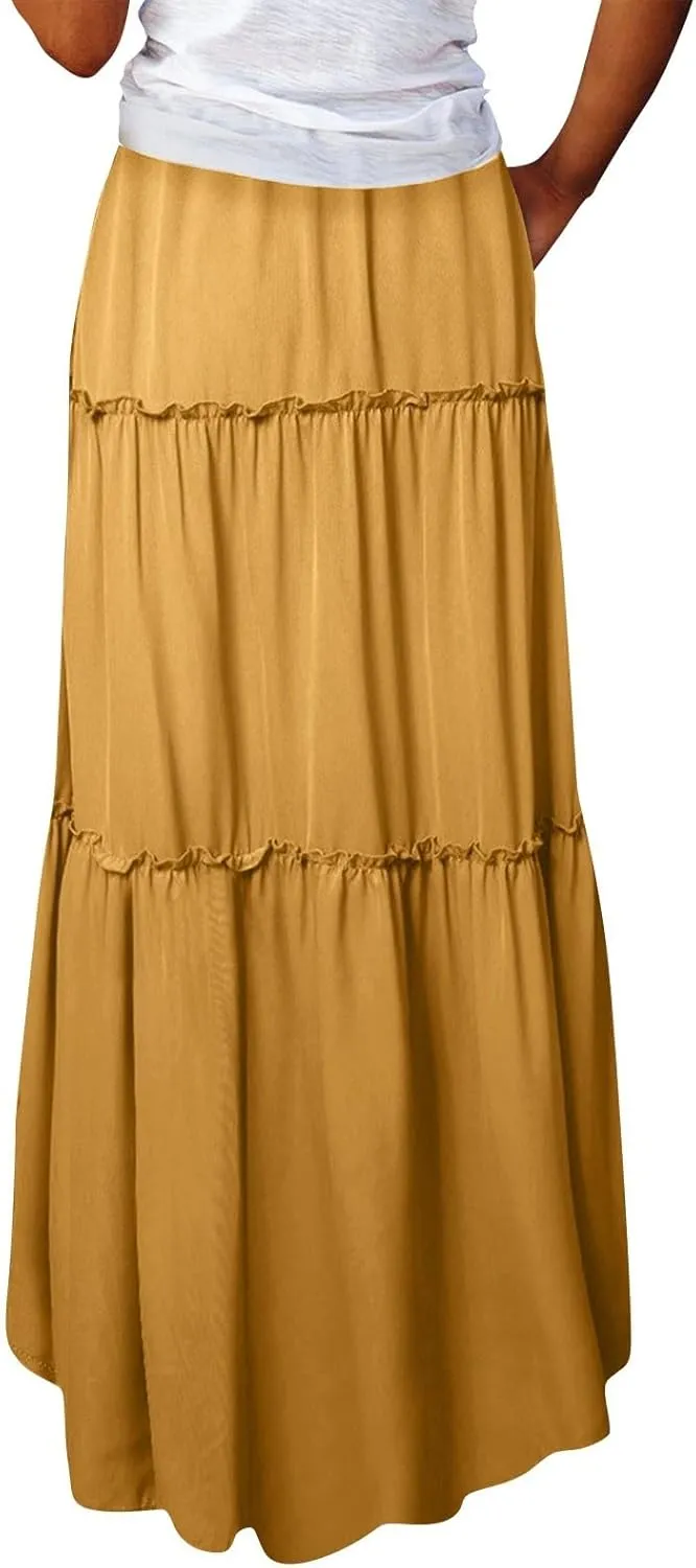 Long Skirts for Women 2025 Elastic Waist Solid Pleated Ruffle Boho Flowy A line Maxi Skirt, S-2XL