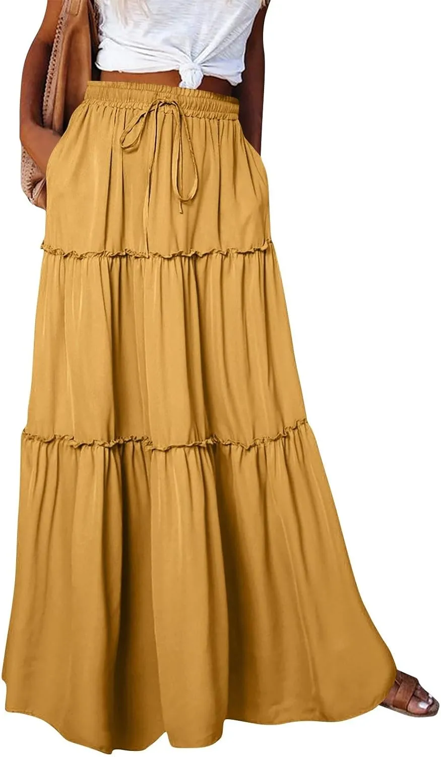Long Skirts for Women 2025 Elastic Waist Solid Pleated Ruffle Boho Flowy A line Maxi Skirt, S-2XL
