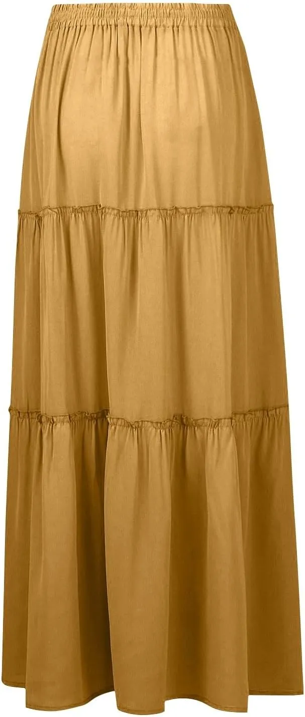 Long Skirts for Women 2025 Elastic Waist Solid Pleated Ruffle Boho Flowy A line Maxi Skirt, S-2XL
