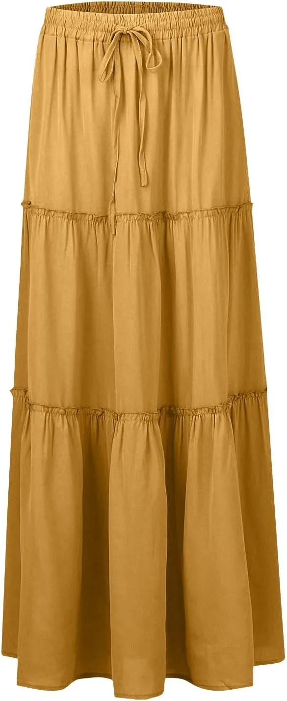 Long Skirts for Women 2025 Elastic Waist Solid Pleated Ruffle Boho Flowy A line Maxi Skirt, S-2XL