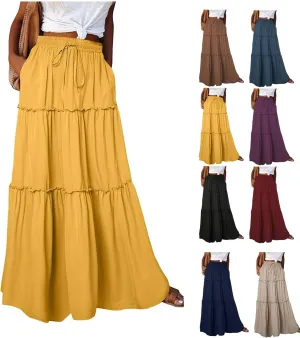 Long Skirts for Women 2025 Elastic Waist Solid Pleated Ruffle Boho Flowy A line Maxi Skirt, S-2XL