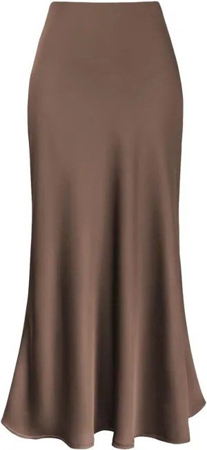 Long Skirts for Women Summer Stretchy Flowy Maxi Skirt Dressy Casual Satin Skirt for Work Fold Over High Waisted
