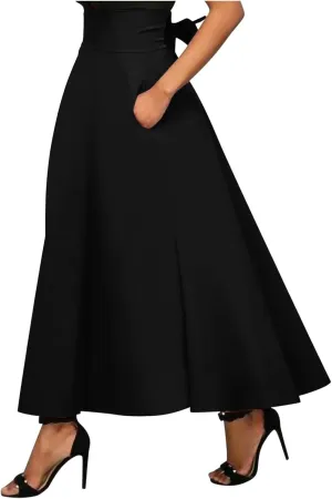 Long Skirts for Women Summer Vintage High Waist Maxi Skirt with Slit Casual Flowy Beach Wrap Skirt with Belt Pockets