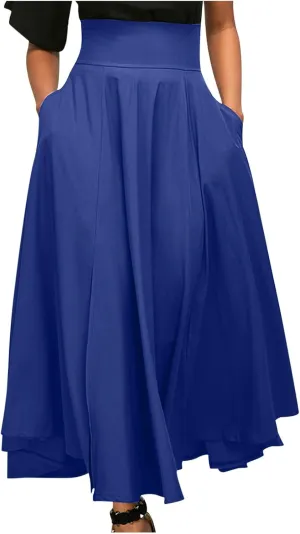 Long Skirts for Women Summer Vintage High Waist Maxi Skirt with Slit Casual Flowy Beach Wrap Skirt with Belt Pockets