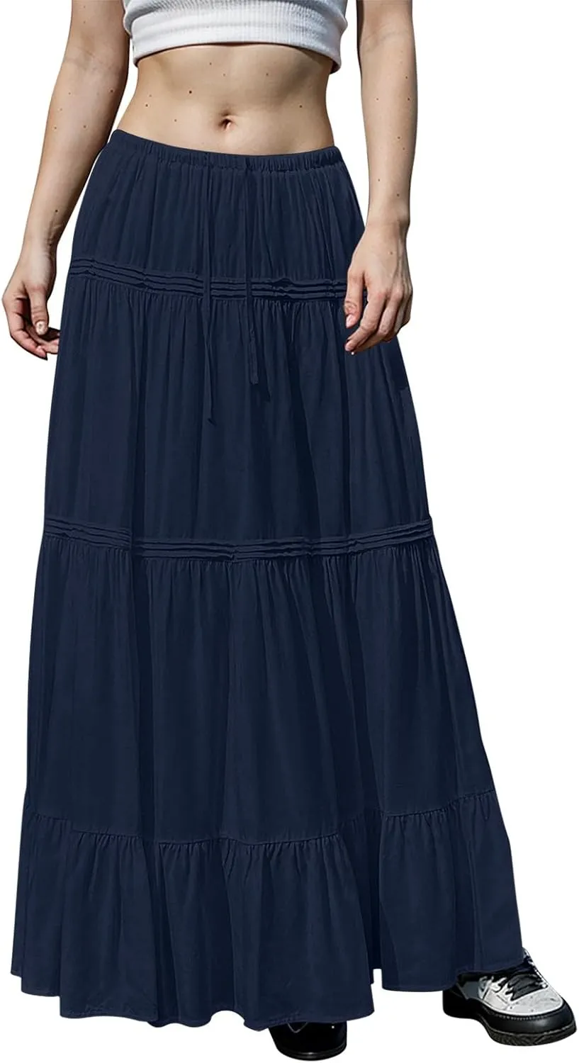 Long Skirts for Women Trendy Boho Maxi Skirt Summer Flowy Swing Tiered A-Line Elastic High Waist Dress