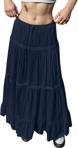 Long Skirts for Women Trendy Boho Maxi Skirt Summer Flowy Swing Tiered A-Line Elastic High Waist Dress