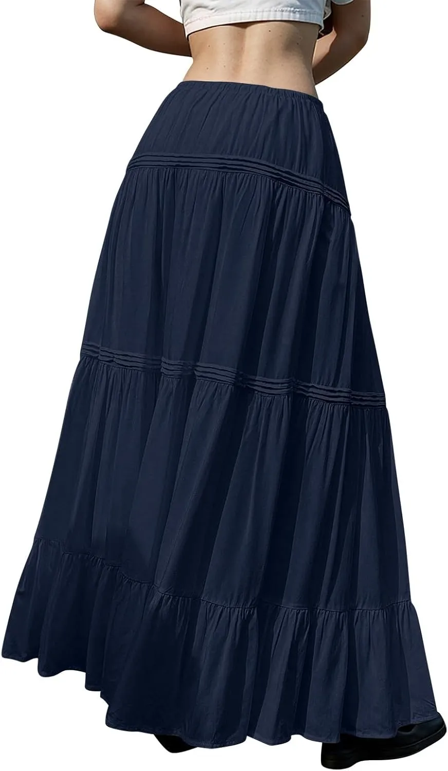 Long Skirts for Women Trendy Boho Maxi Skirt Summer Flowy Swing Tiered A-Line Elastic High Waist Dress