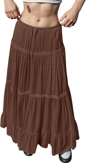 Long Skirts for Women Trendy Boho Maxi Skirt Summer Flowy Swing Tiered A-Line Elastic High Waist Dress