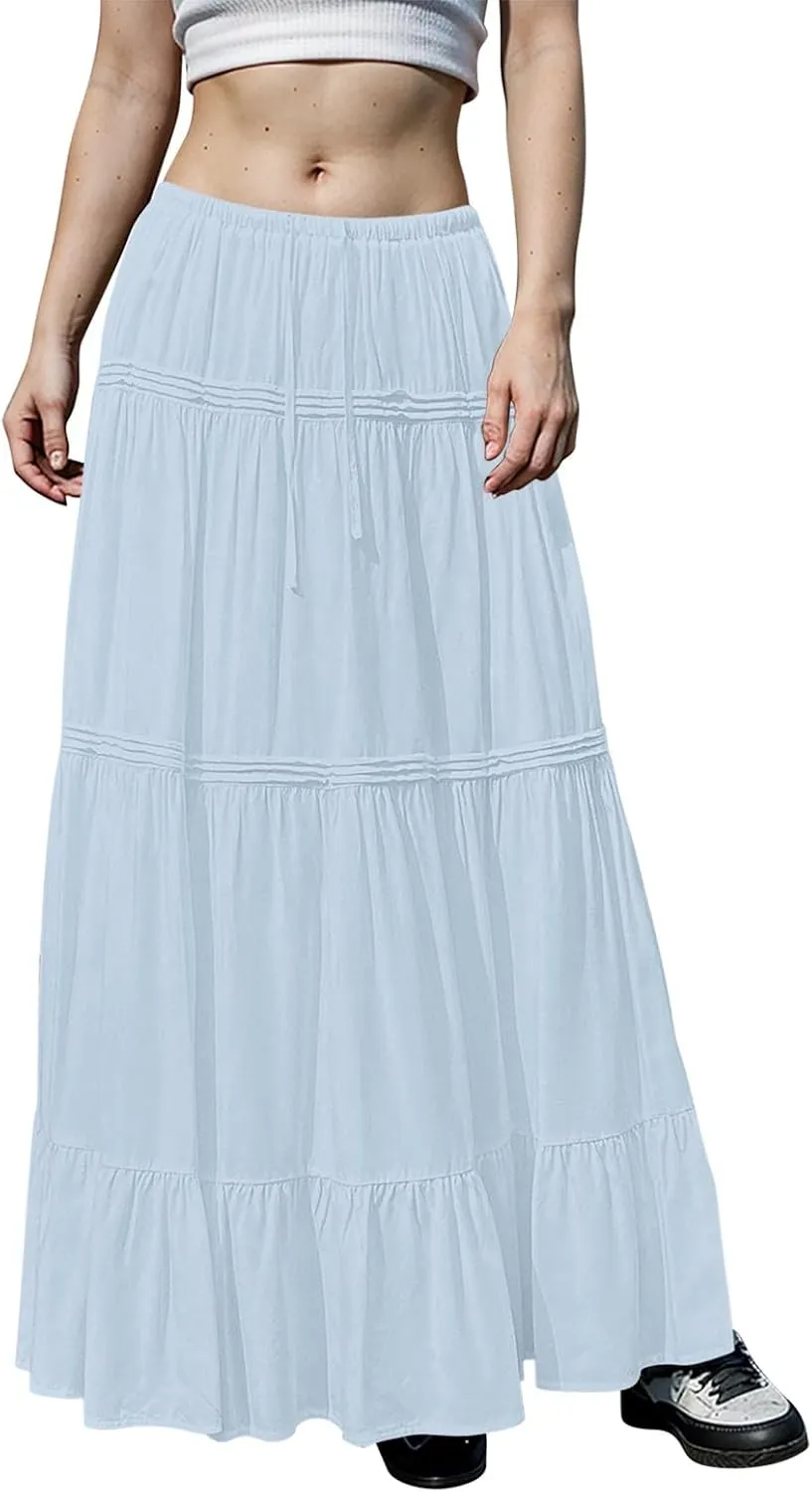 Long Skirts for Women Trendy Boho Maxi Skirt Summer Flowy Swing Tiered A-Line Elastic High Waist Dress