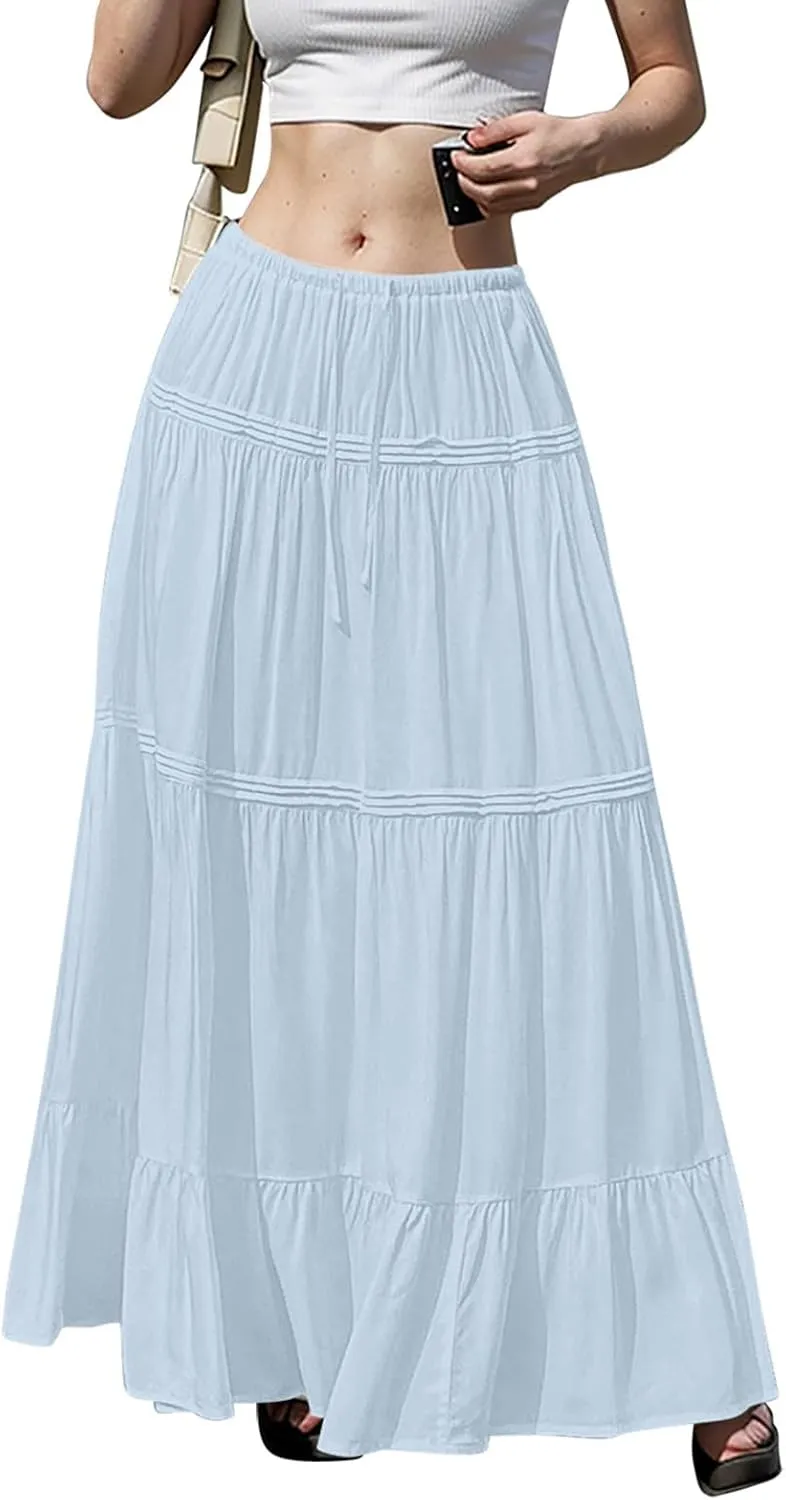 Long Skirts for Women Trendy Boho Maxi Skirt Summer Flowy Swing Tiered A-Line Elastic High Waist Dress