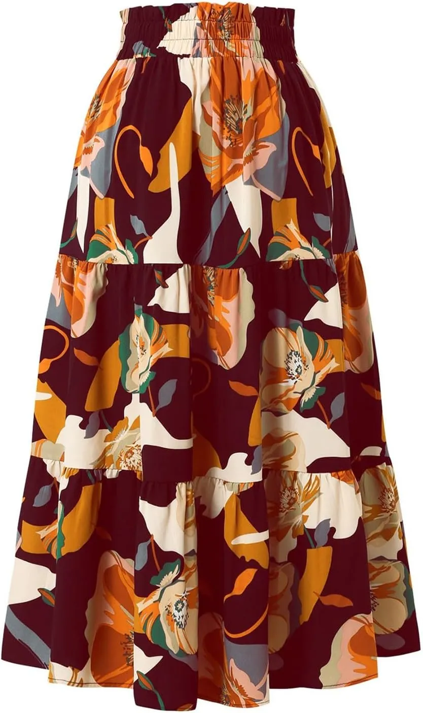 Long Skirts for Women,Elastic High Waisted Womens Boho Maxi Skirt with Pockets Linen Flowy Long Skirts 2025 Trendy