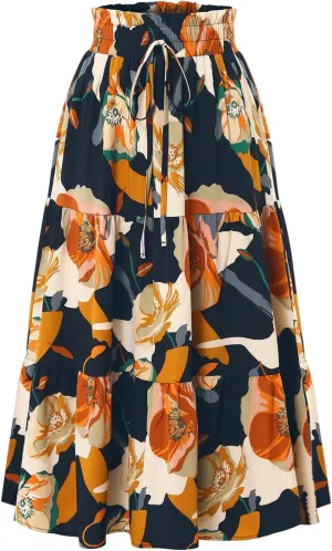 Long Skirts for Women,Elastic High Waisted Womens Boho Maxi Skirt with Pockets Linen Flowy Long Skirts 2025 Trendy