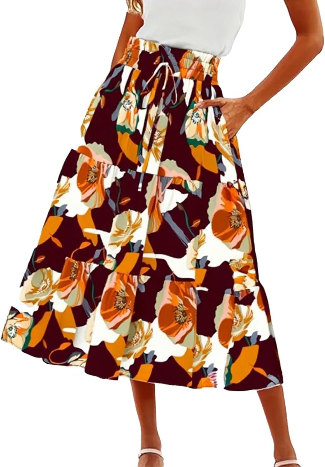 Long Skirts for Women,Elastic High Waisted Womens Boho Maxi Skirt with Pockets Linen Flowy Long Skirts 2025 Trendy