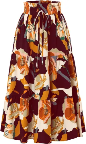 Long Skirts for Women,Elastic High Waisted Womens Boho Maxi Skirt with Pockets Linen Flowy Long Skirts 2025 Trendy