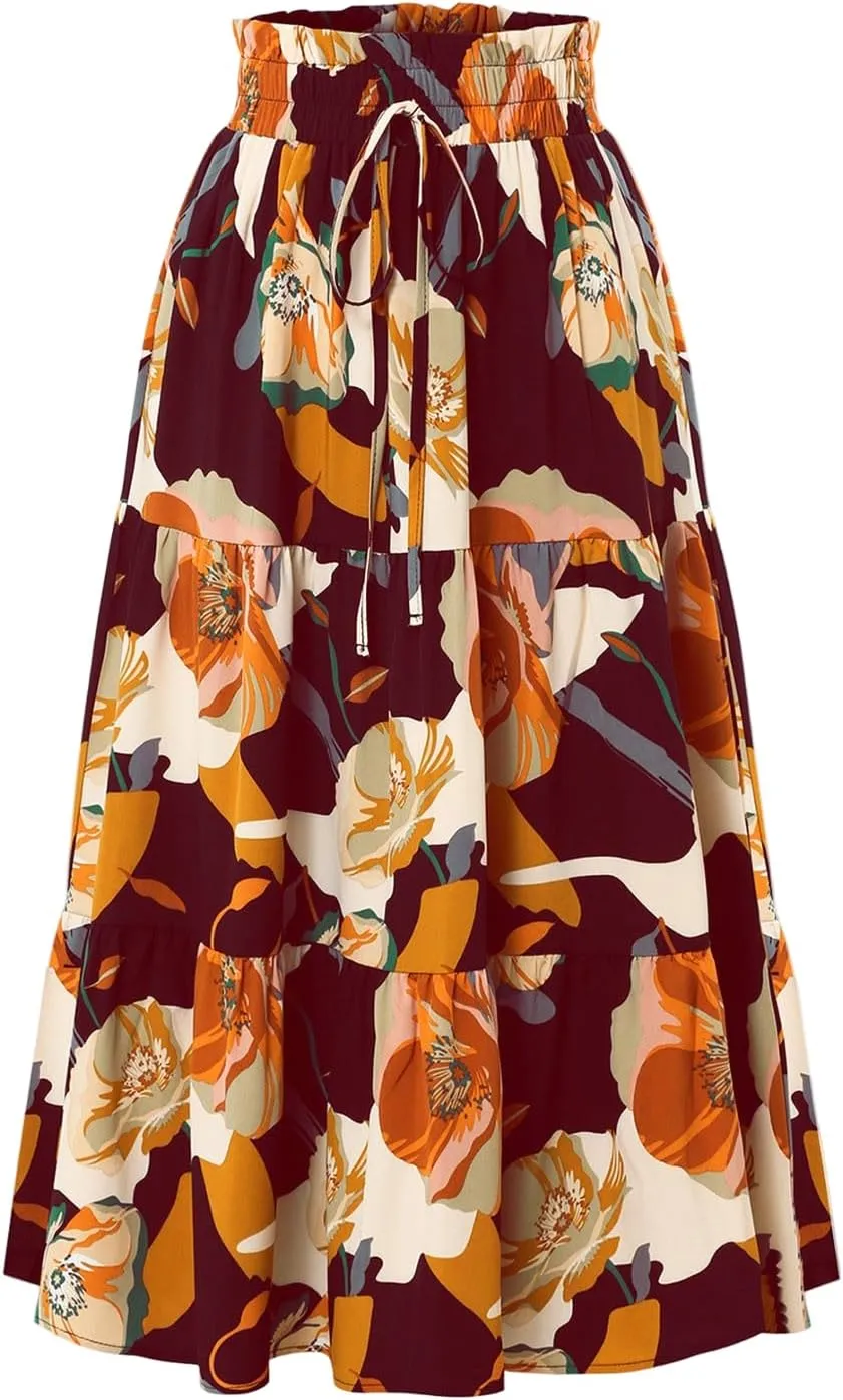Long Skirts for Women,Elastic High Waisted Womens Boho Maxi Skirt with Pockets Linen Flowy Long Skirts 2025 Trendy