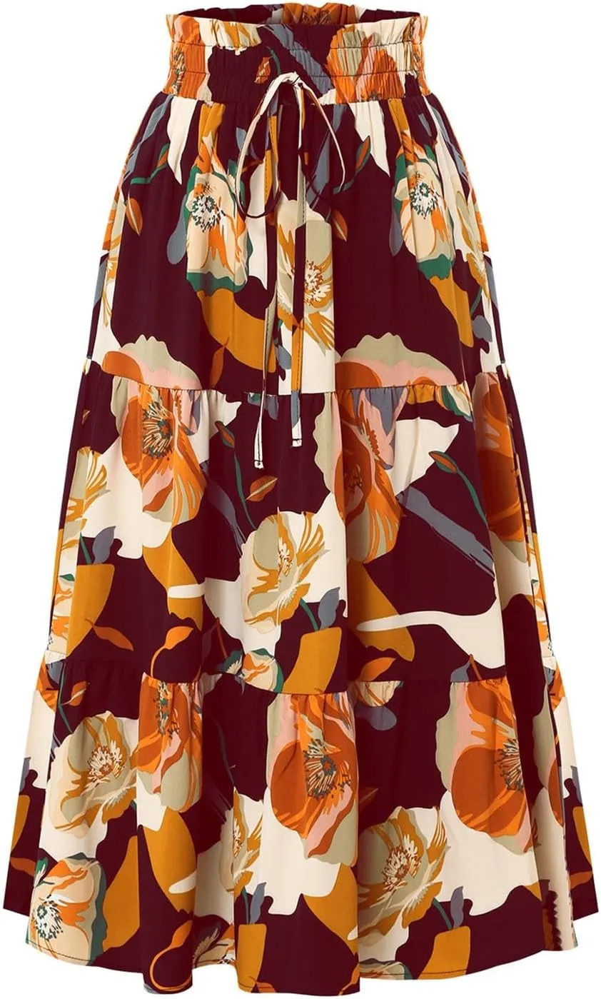 Long Skirts for Women,Elastic High Waisted Womens Boho Maxi Skirt with Pockets Linen Flowy Long Skirts 2025 Trendy