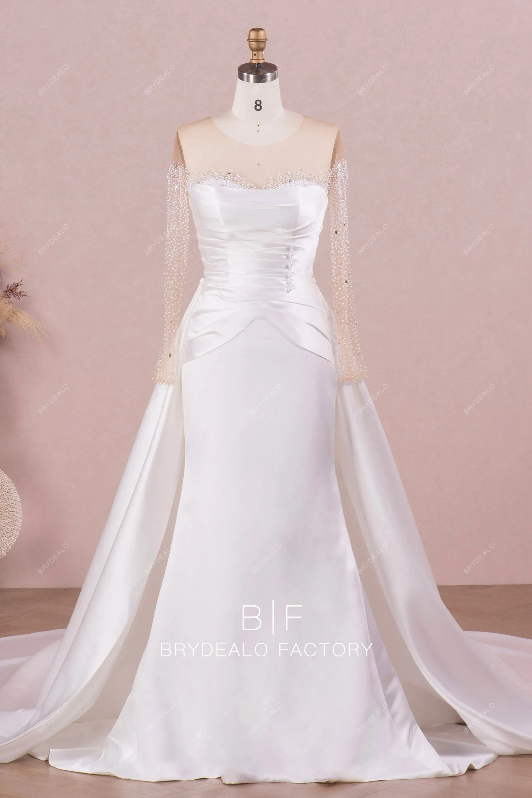 Long Sleeve Illusion Neck Designer Pearls Overskirt Wedding Gown