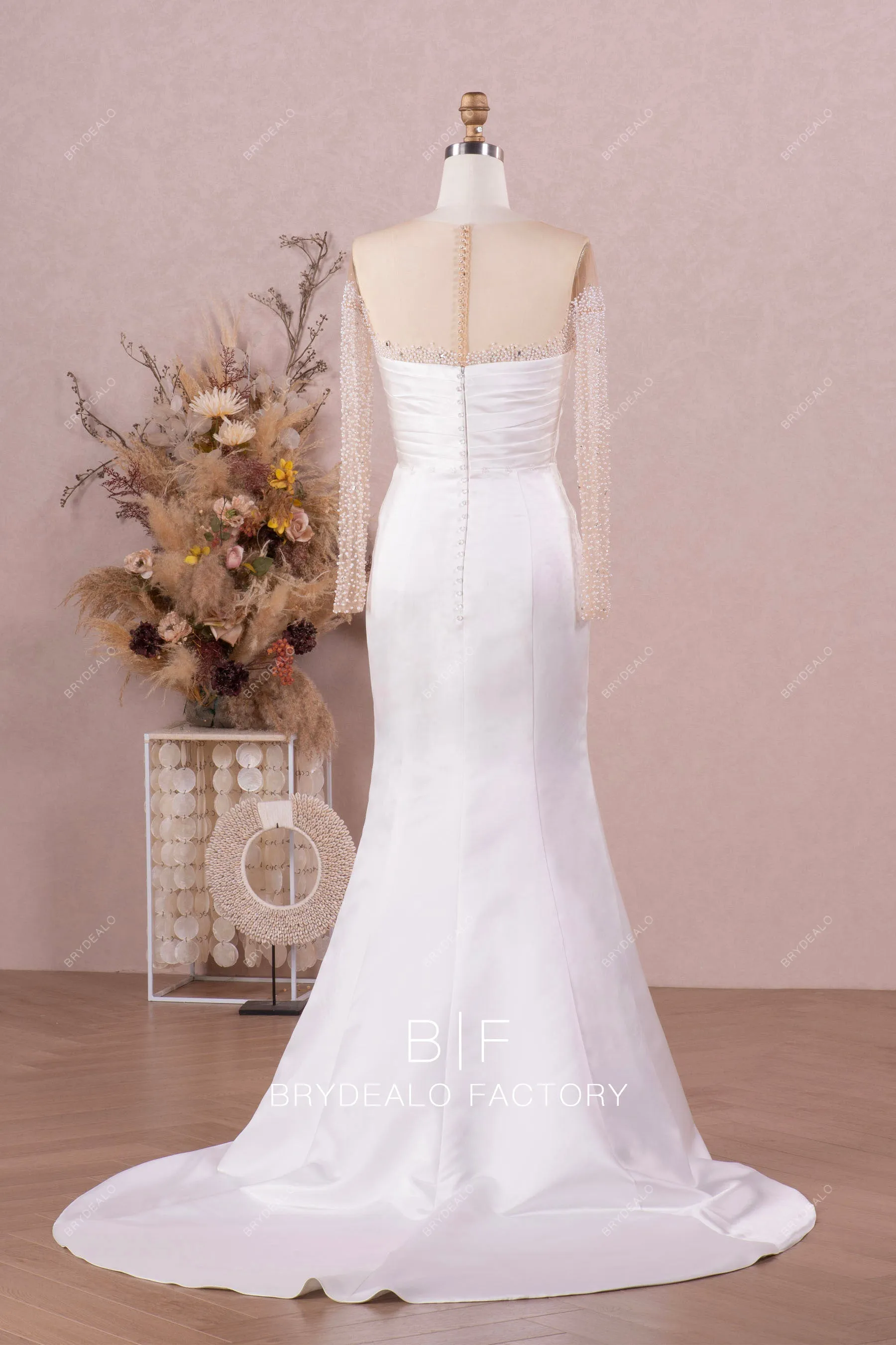 Long Sleeve Illusion Neck Designer Pearls Overskirt Wedding Gown